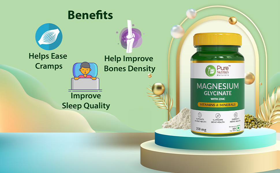 Pure Nutrition Magnesium Glycinate with Zinc Supplement 350 mg - 360 Tablets | High Absorption Magnesium Supplement for Bone, Muscle & Nerve Vitality | Supports Calm, Sleep Quality & Cramp Relief
