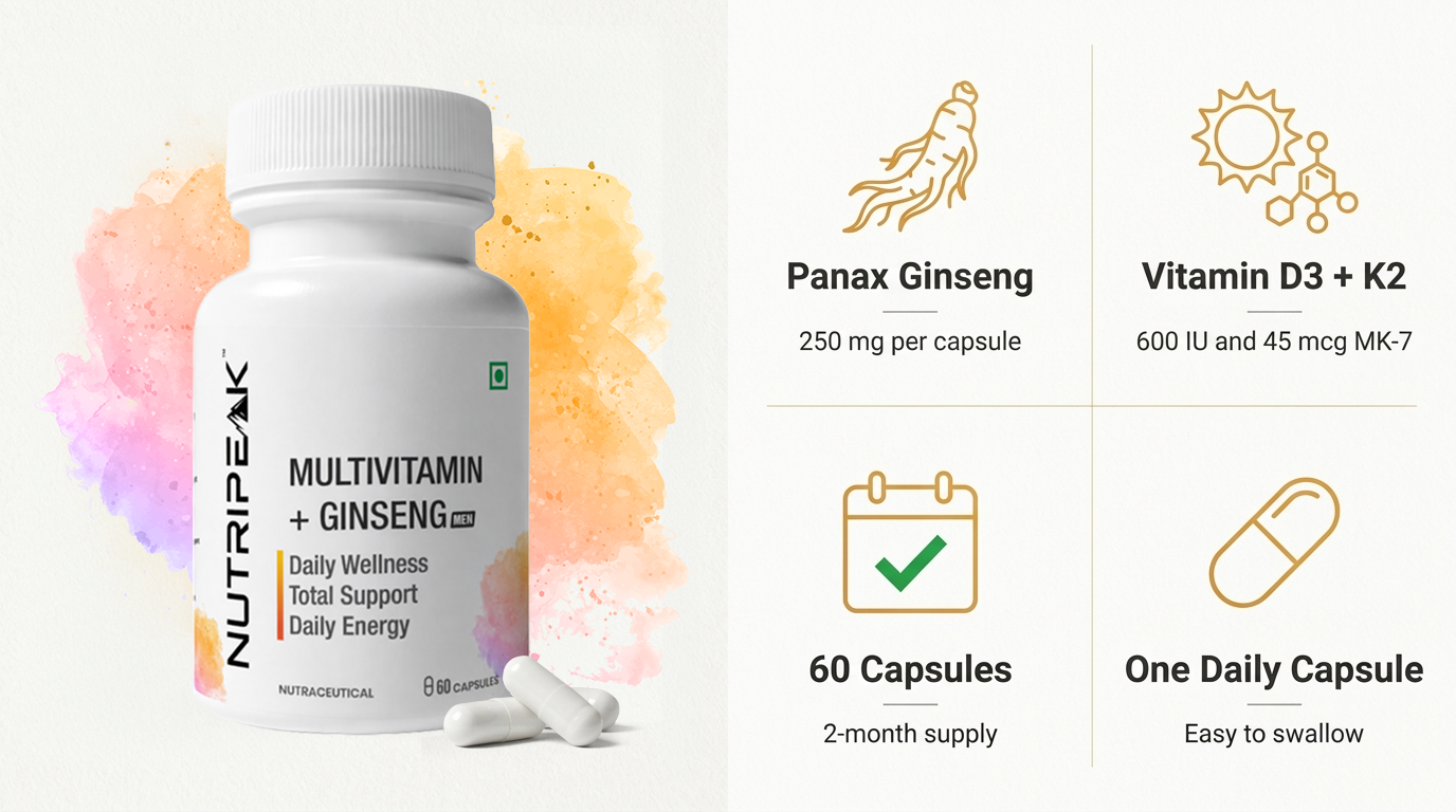 Multivitamin & Ginseng for Men, 250 mg Panax Ginseng Extract, 19 Vitamins & Minerals, K2 MK-7, 60 Vegetarian Capsules