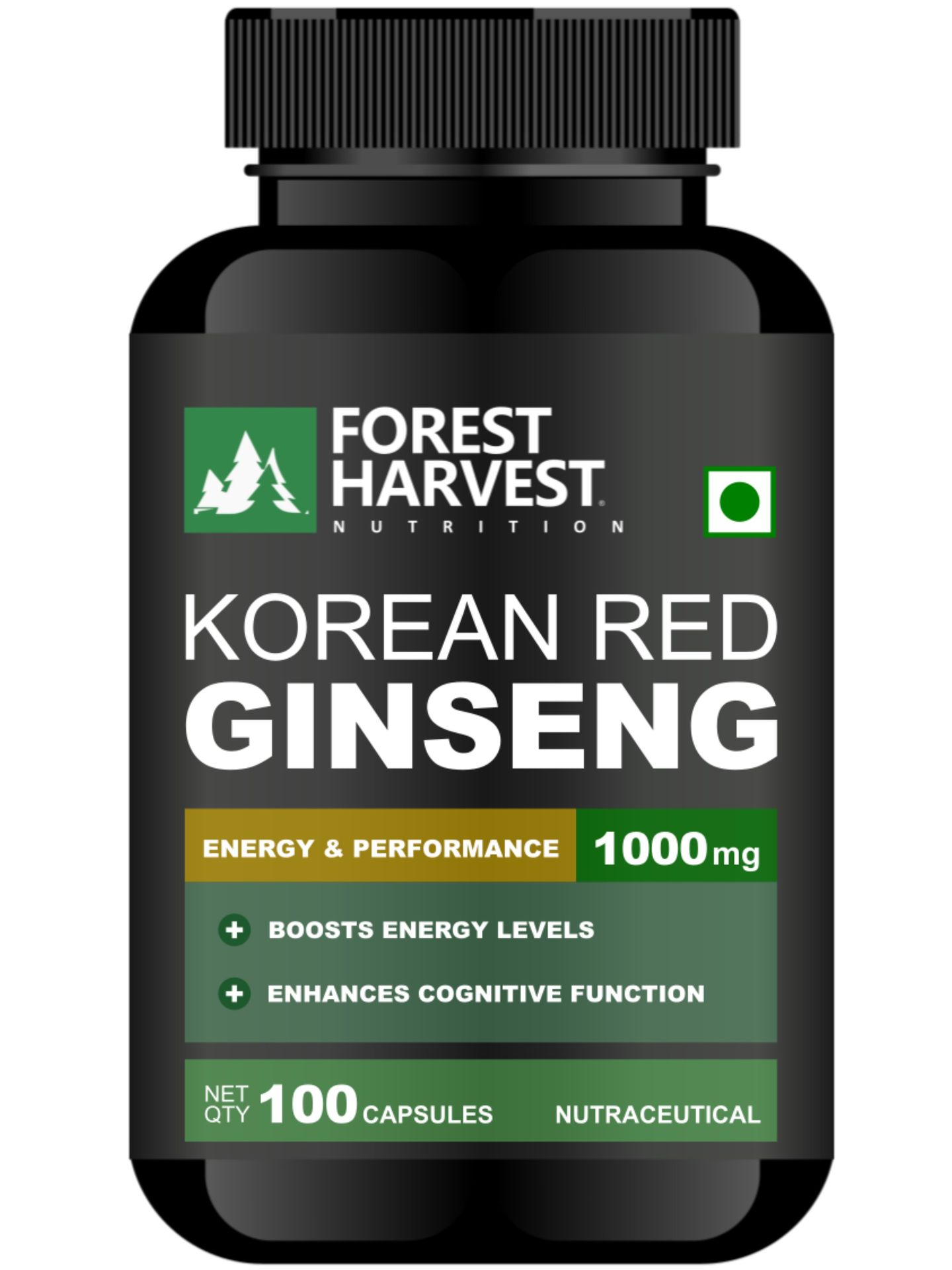 Korean Red Panax Ginseng Capsules | 1000 mg Per Serving | 100 Capsules | Energy, Stamina & Cognitive Support
