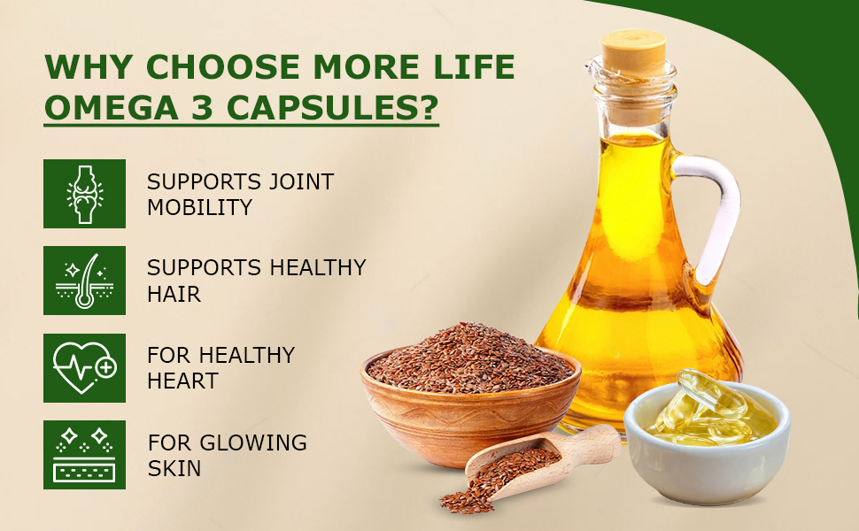 More Life Omega 3 Flaxseed Oil Capsules | Plant-Based Omega 3 Supplement for Heart, Joint & Skin Health | Supports Hair Growth & Lipid Balance | 15 Softgels | Pack of 1