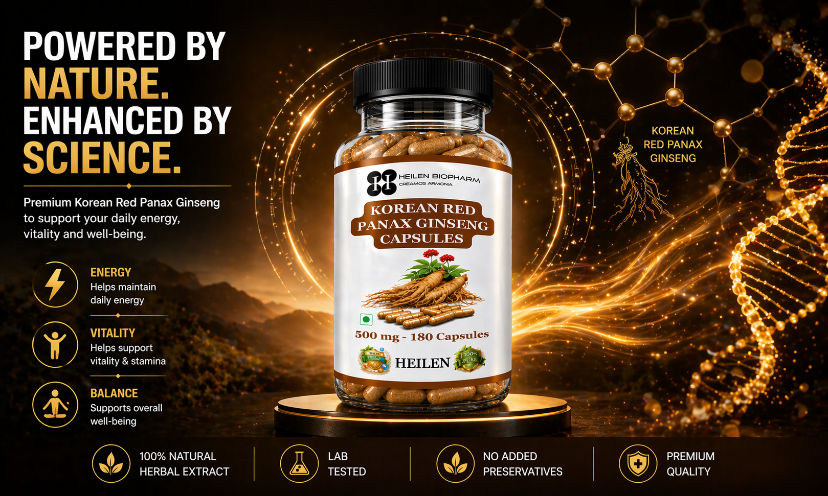 Heilen Biopharm Premium Korean Red Panax Ginseng Root Extract Capsules – 500 mg × 180 Veg Caps | Energy & Nutrition Supplement