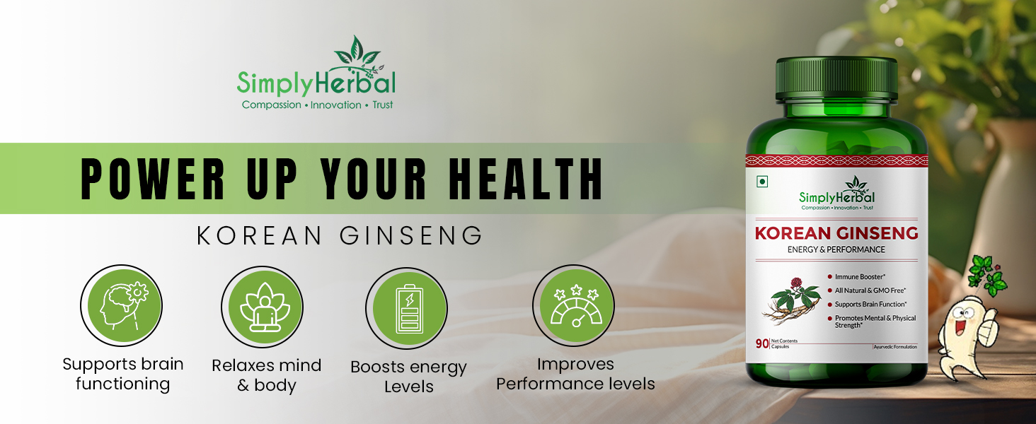 Simply Herbal Korean Red Ginseng 1000mg Extract – 90 Veg Capsules | Energy, Vitality & Stamina Support | Herbal Adaptogen Supplement for Men & Women