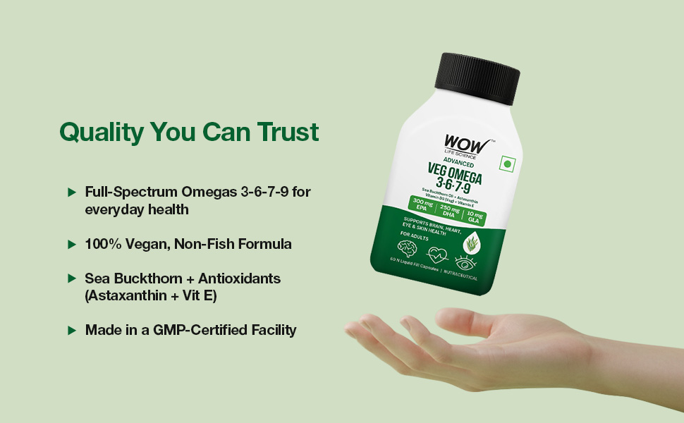WOW Life Science Advanced Veg Omega 3-6-7-9 | Plant-Based EPA & DHA from Algal Oil + GLA from Evening Primrose | Sea Buckthorn Oil + Astaxanthin + Vitamin D3 (Veg) & Vitamin E | Brain Focus, Heart Health, Eye Support, Skin Hydration | 60 Capsules