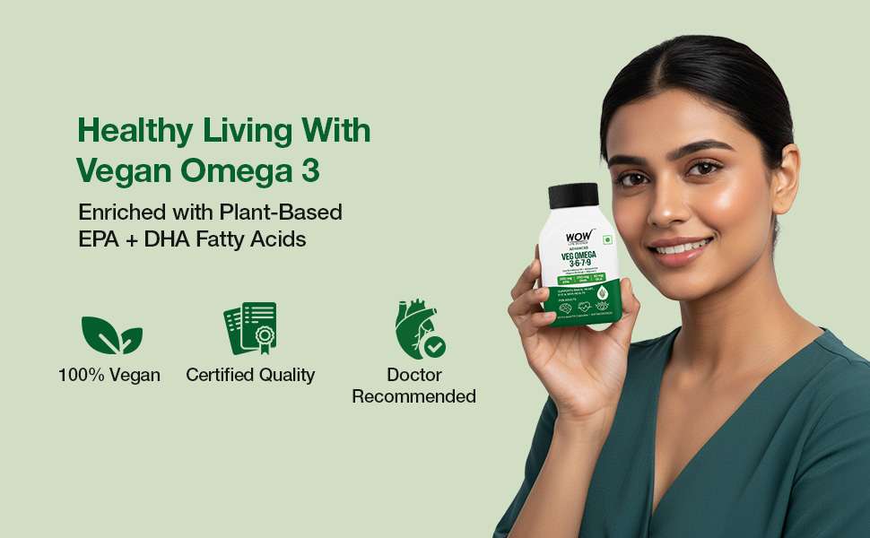 WOW Life Science Advanced Veg Omega 3-6-7-9 | Plant-Based EPA & DHA from Algal Oil + GLA from Evening Primrose | Sea Buckthorn Oil + Astaxanthin + Vitamin D3 (Veg) & Vitamin E | Brain Focus, Heart Health, Eye Support, Skin Hydration | 60 Capsules