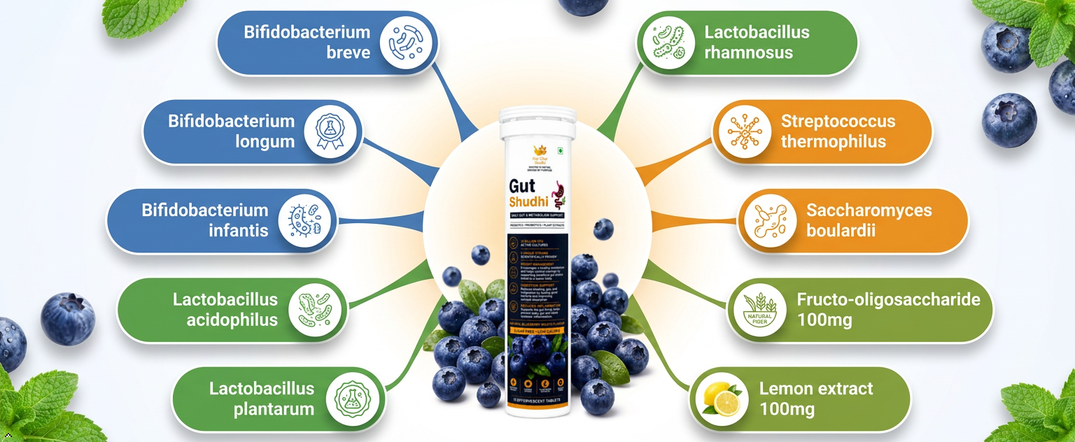 HarGharShudhi Gut Shudhi Effervescent Probiotic+Prebiotic Tablets | 25 Billion CFU, 9 Strains + Prebiotic Fibre | Sugar Free Gut Health & Digestion Support | Blueberry Mojito Flavour | 15 Tablets