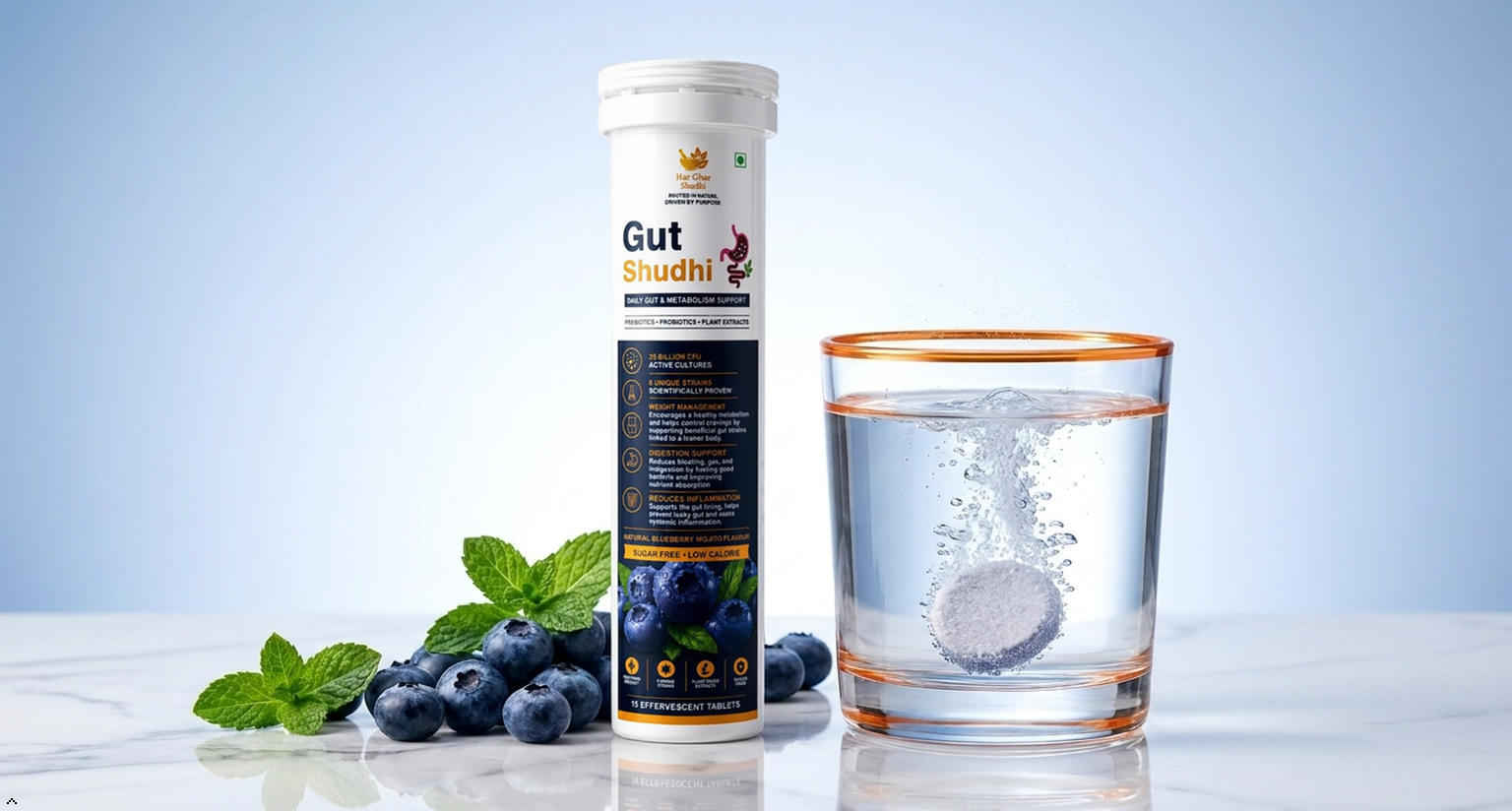 HarGharShudhi Gut Shudhi Effervescent Probiotic+Prebiotic Tablets | 25 Billion CFU, 9 Strains + Prebiotic Fibre | Sugar Free Gut Health & Digestion Support | Blueberry Mojito Flavour | 15 Tablets