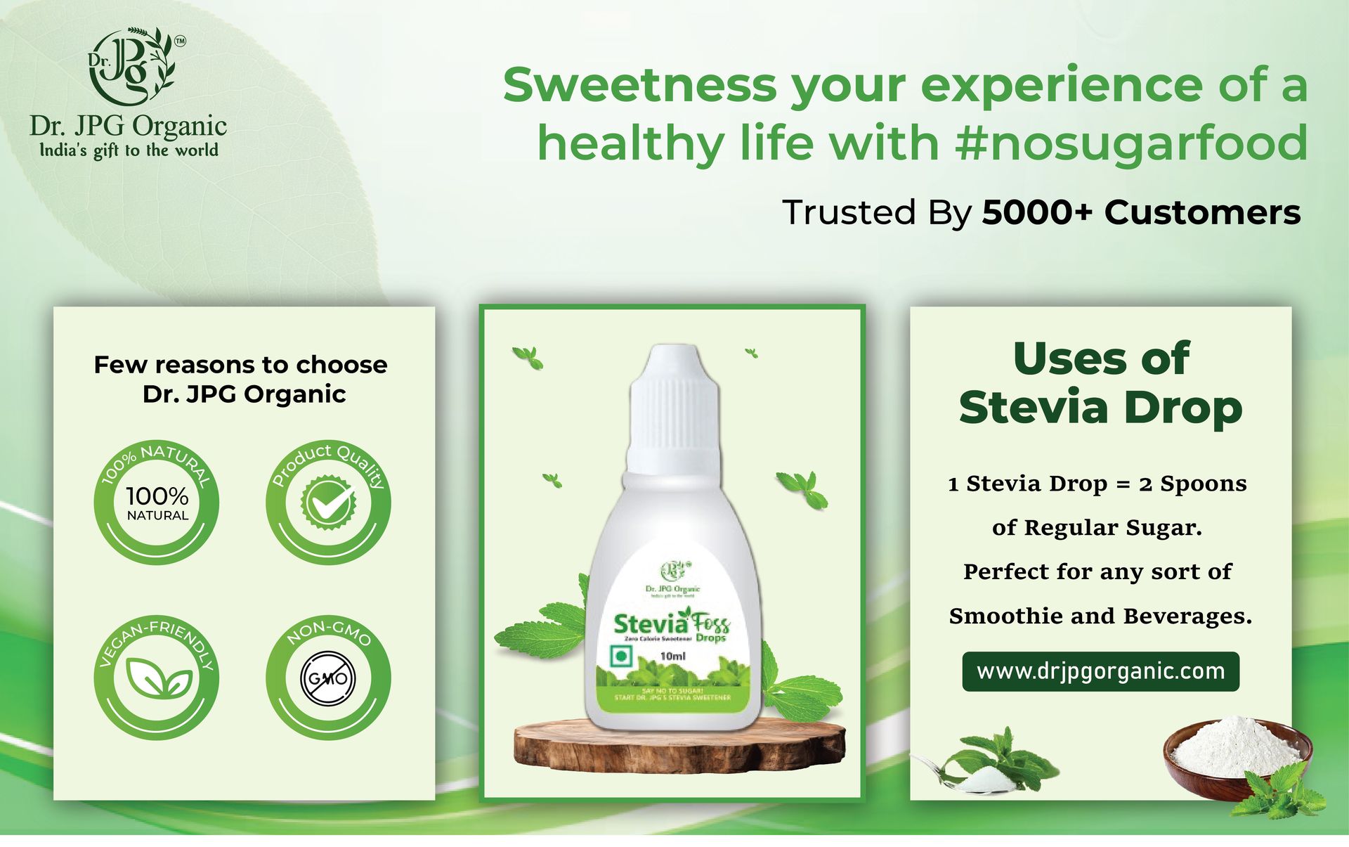 Dr. JPG Organic Stevia Drops Liquid 10ml / Extract Stevia Drops/Pure Natural Plant Based Sweetner/Natural Sweetner.(Pack of 2)