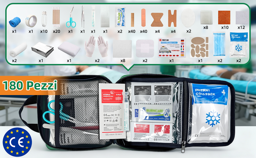 HONYAO First Aid Kit, 180 Pieces, Complete First Aid Kit for Home, Cars, Businesses, Sports, Travel, Camping, Trekking, Children, Green