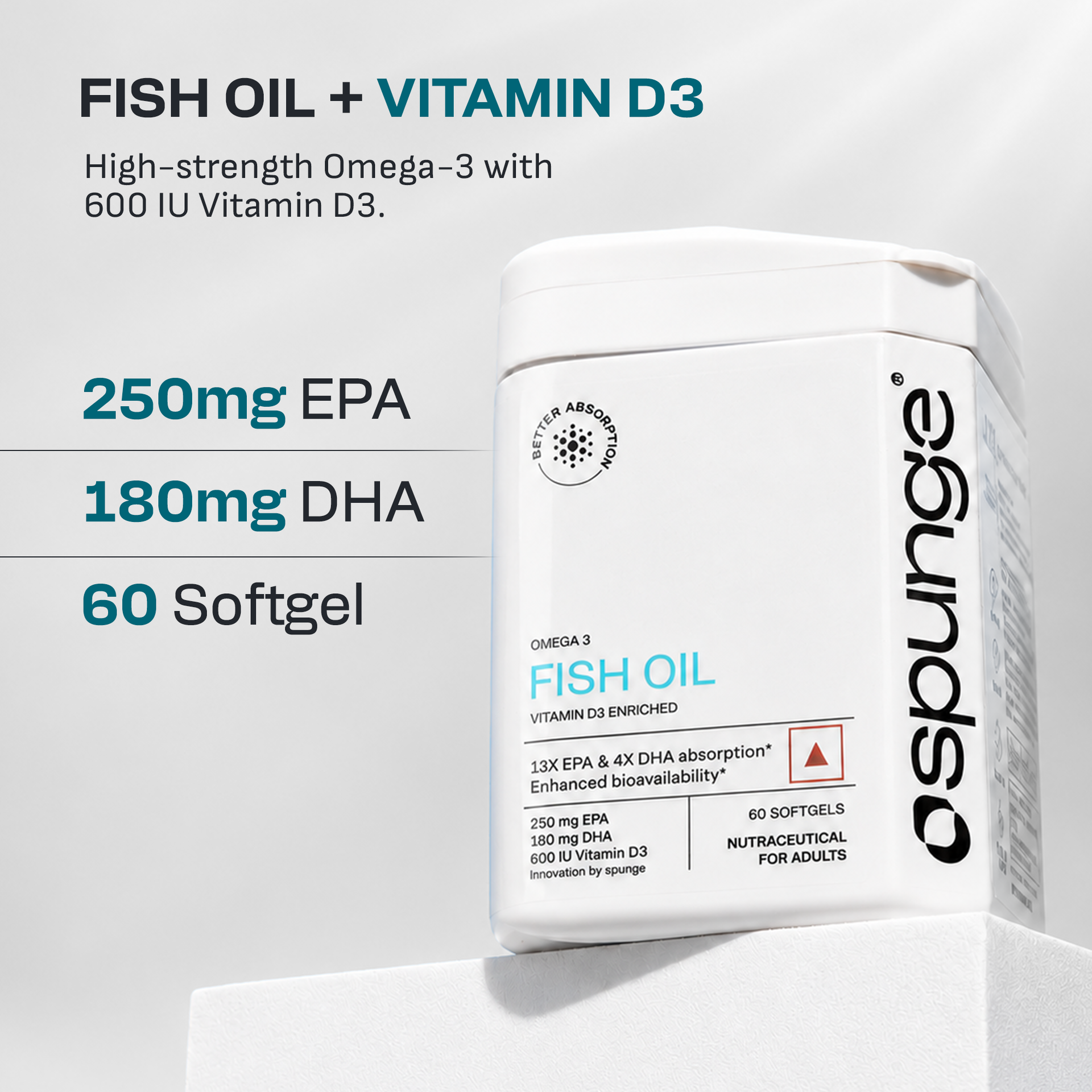 Spunge Omega 3 Fish Oil | Vitamin D3 Enriched | 60 Softgels | High Strength EPA & DHA with Vitamin D3 | 13X EPA & 4X DHA Absorption | Improved D3 Uptake | Supports Heart, Brain, Bone, Joint & Immune Health