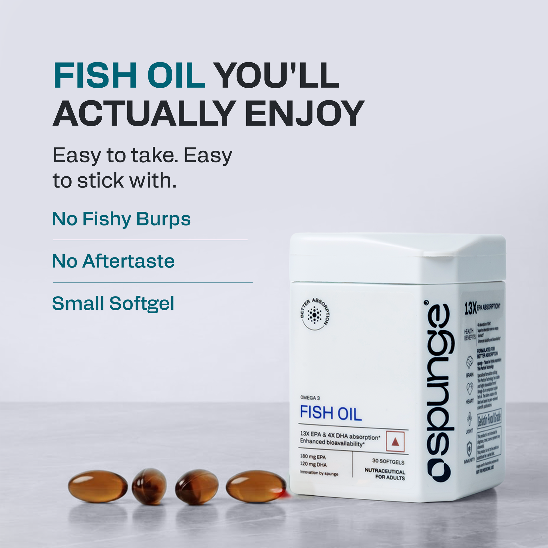 Spunge Omega 3 Fish Oil | 30 Softgels | EPA & DHA | 13X EPA & 4X DHA Absorption | Supports Heart, Brain & Joint Health | Daily Dietary Supplement