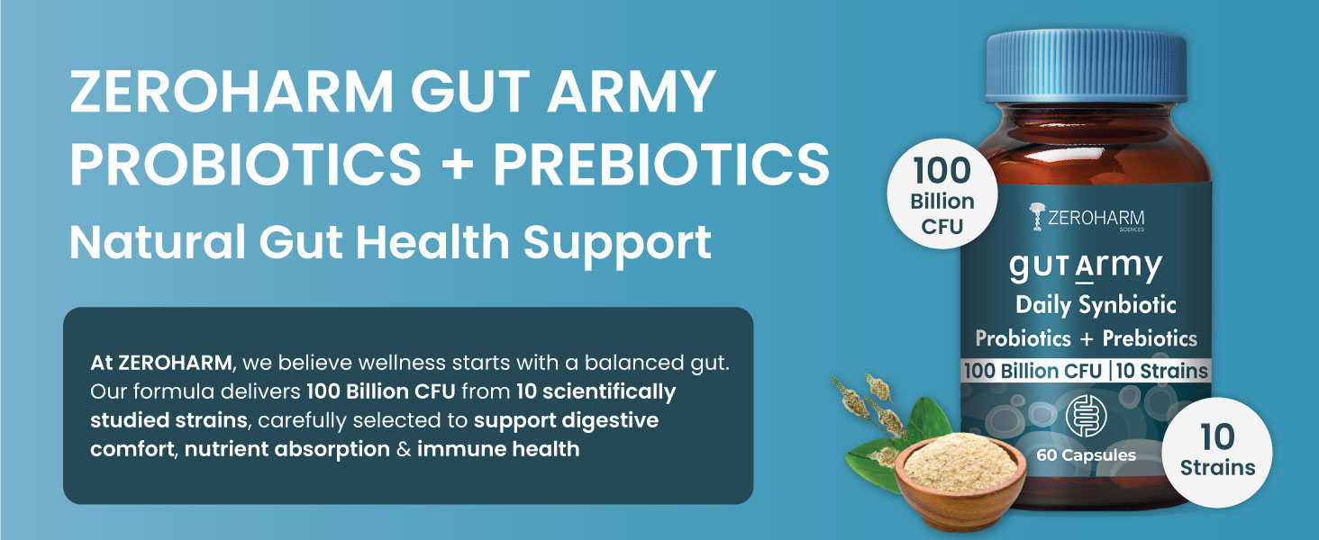 ZEROHARM Gut Army Prebiotics & Probiotics Capsules | 10 Unique Strains 100 Billion CFU with Inulin | Pre & Probiotics Supplement for Gut Health, Digestion, Colon Cleanse & Skin Care | 60 Capsules
