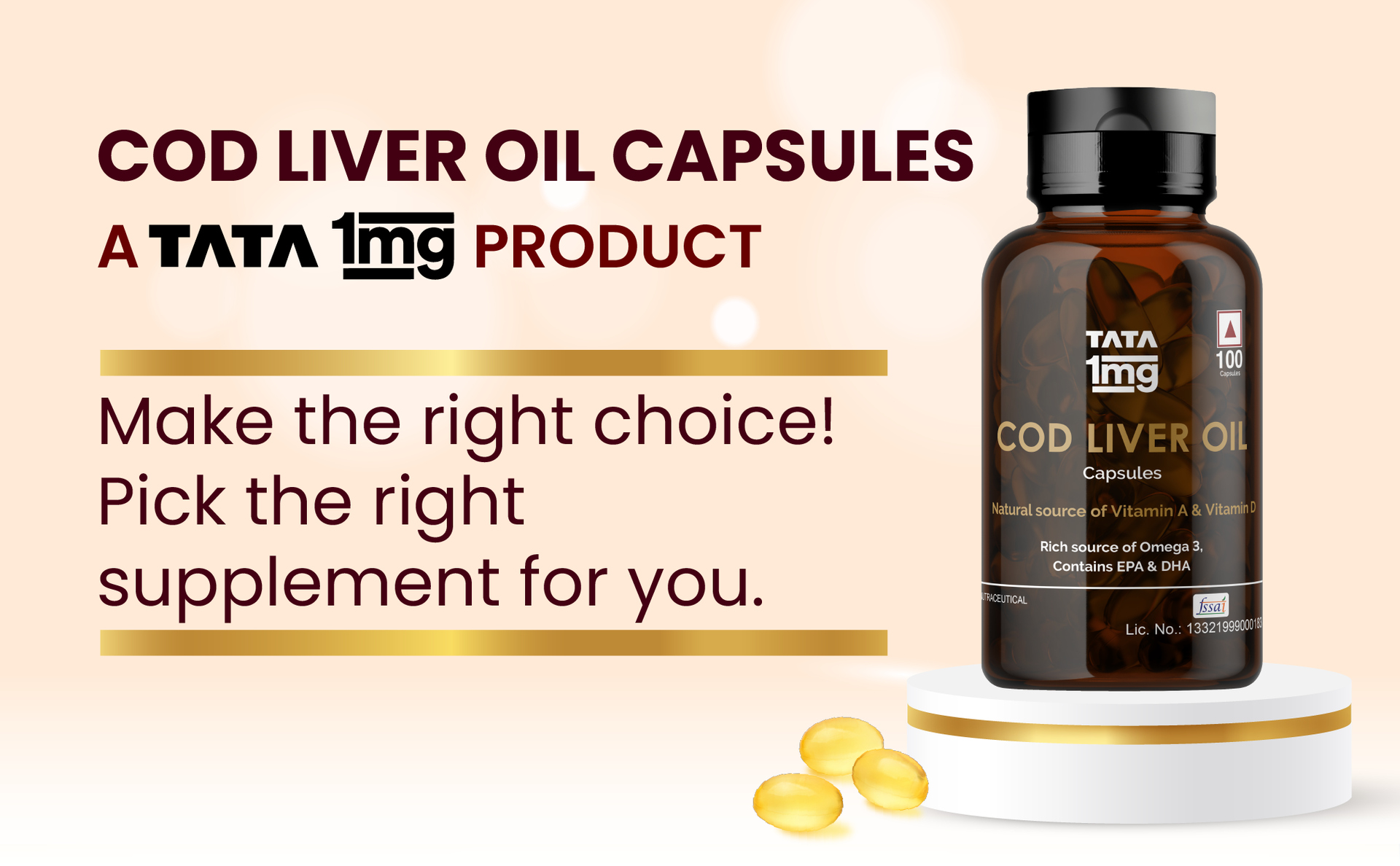 TATA 1MG Cod Liver Oil Supplement with Omega 3,Vitamin A and D - 100 Capsules | Supports Heart, Brain, Joint and Vision Health | Fish Oil for Women & Men | No Fish Odour & Non-GMO