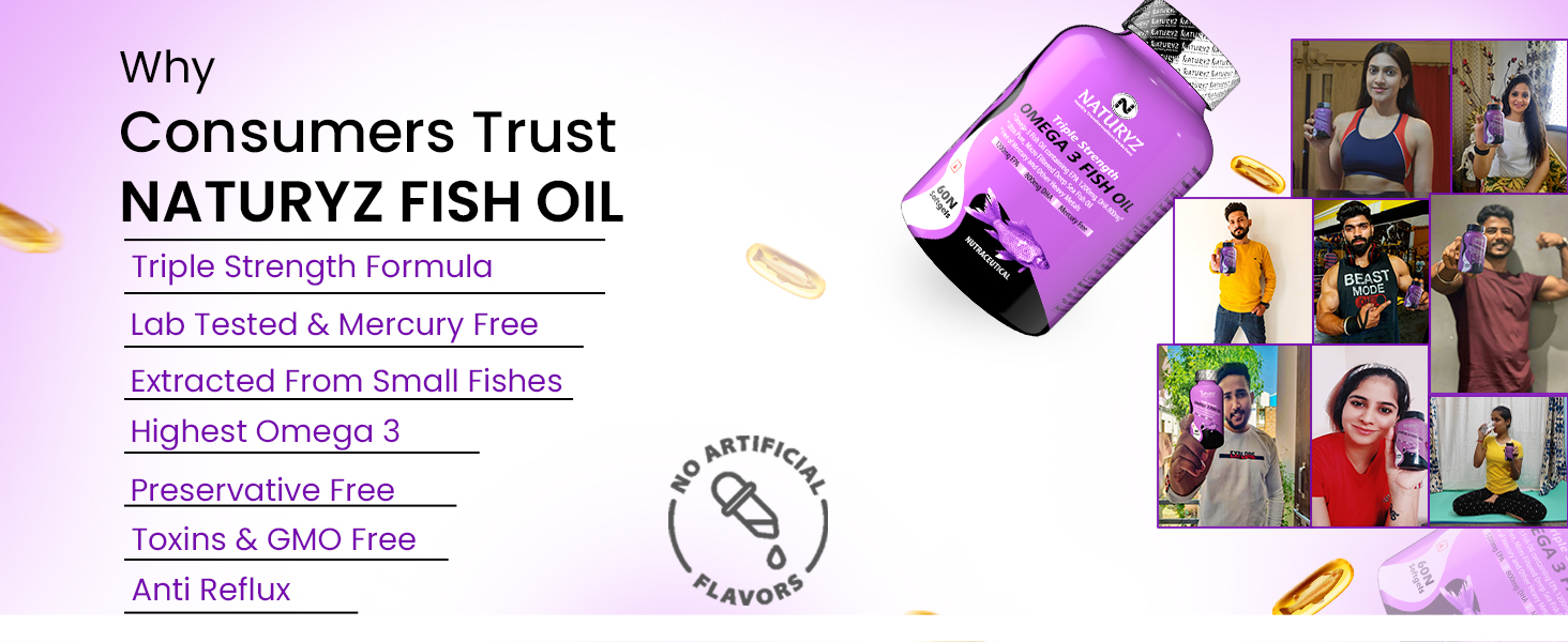 Naturyz Triple Strength Omega 3 Fish Oil with Highest Strength 2450 mg, 60 Capsules, Omega 3-6-9 Per Serving (EPA 1200mg DHA 800mg) Capsules For Men & Women