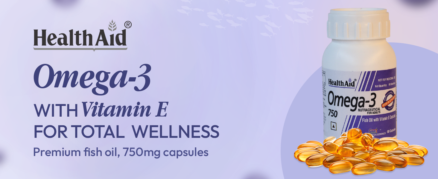 HealthAid Omega-3 Fish Oil Capsules with Vitamin E | 750mg Purified Fish Oil | Mercury-Free, No Fishy Burps | Supports Heart, Brain, Eye & Joint Health | 60 Softgels (Pack of 2)