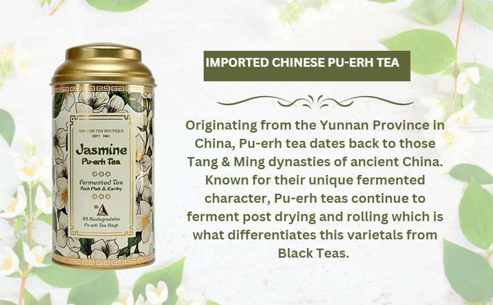 Sancha Tea Boutique, Jasmine Pu-erh Tea, 25 Pyramid Bags | Aged Chinese Pu-erh with Jasmine Flowers | Earthy, Malty & Floral Notes | Premium Fermented Blend