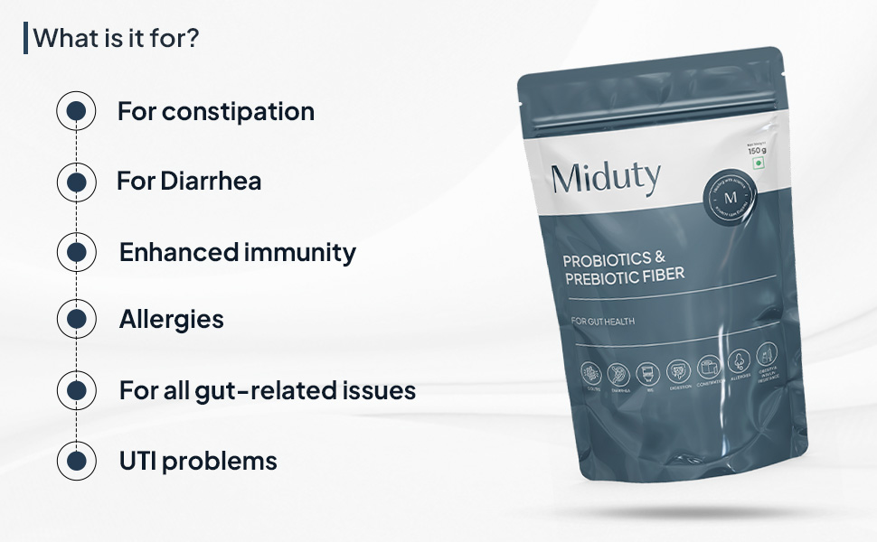 Miduty Probiotics Prebiotic Powder for Gut Health - Patented Lacto Bacillus Coagulans - Constipation Help- 150 grams