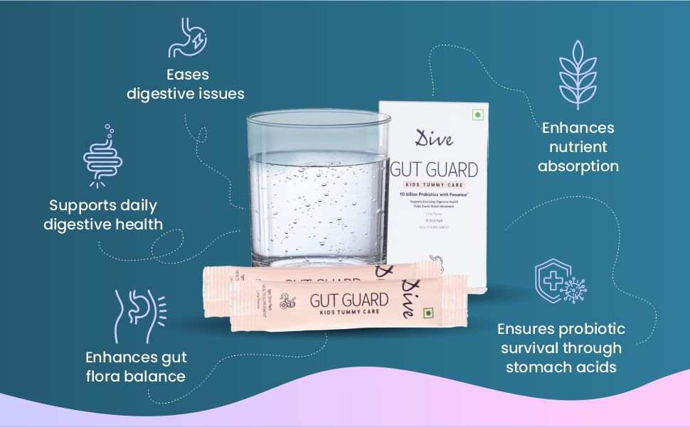 DIVE Gut Guard Kids Tummy Care -Pre & Probiotic | Boost Your Child's Gut Health| Reduce Indigestion | Strengthens Immunity |10 Billion CFU Clinically Proven Strains|15 Days Pack