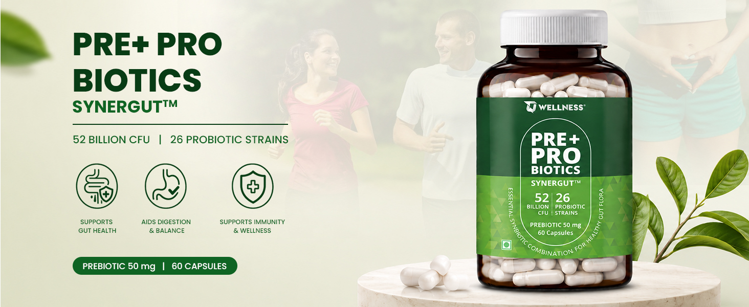TQ Wellness SYNERGUT Pre & Probiotics Capsules 60 Count | 52 Billion CFU with 26 Strains | Delayed Release Gut Health Supplement for Men & Women | Digestive Support Formula