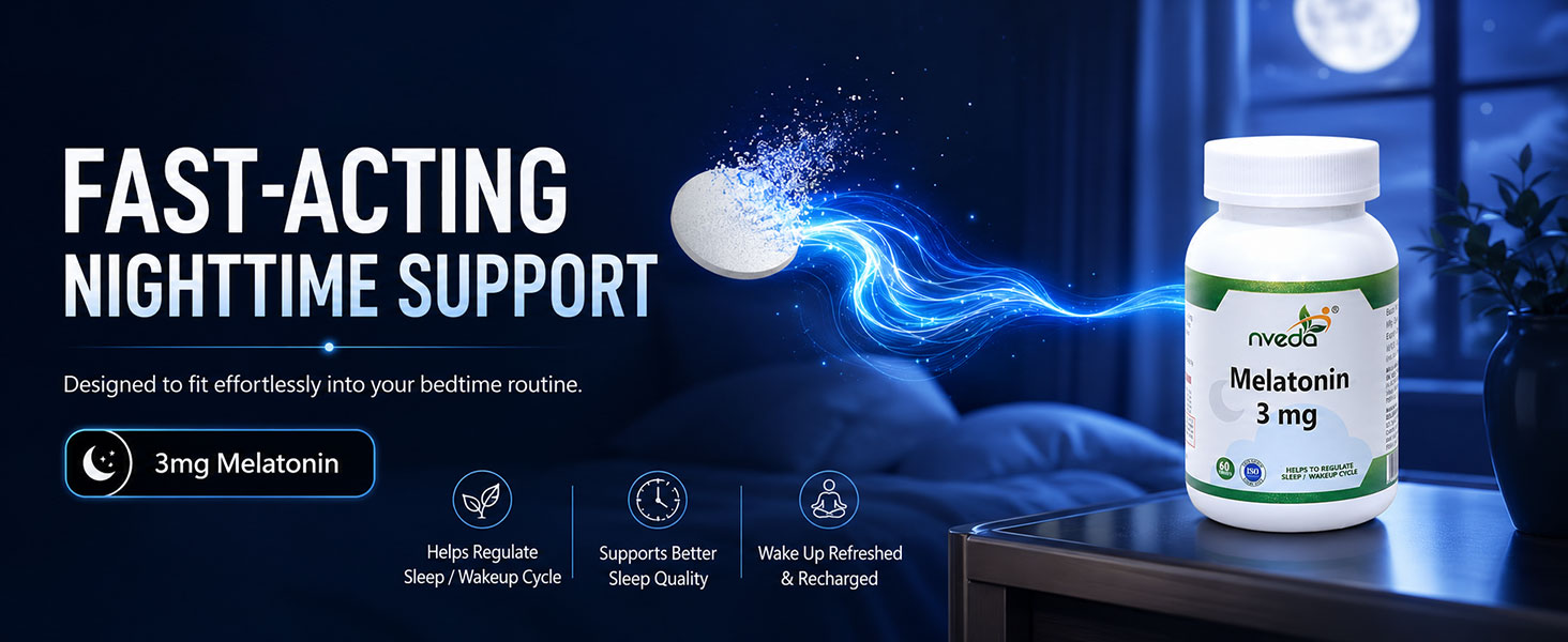 Nveda Melatonin 3mg | Natural Sleep Aid Supplement | Supports Deep Sleep, Stress & Anxiety Relief | Non-Habit Forming | 60 Tablets