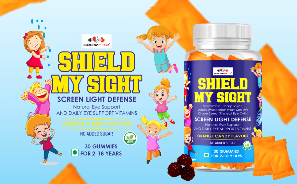 Growfitz Eye Defense Gummies with Lutein & Zeaxanthin | Reduces Digital Strain | Orange Flavor 30 Gummies | Eye Vision Support Supplement for Kids, Men & Women | Natural Ingredients, Multivitamins