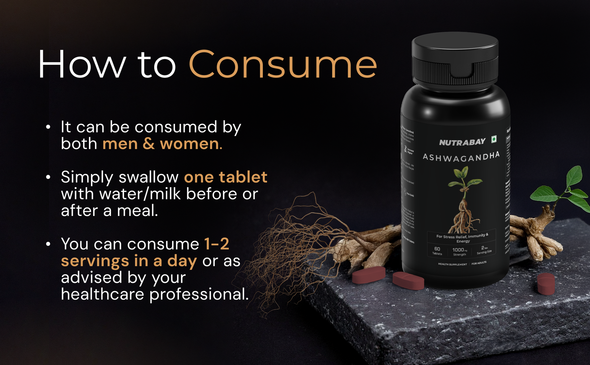Nutrabay Wellness Ashwagandha Extract Tablet (Withania Somnifera), Enhances Energy, Stamina, Immunity | Anxiety & Stress Relief, 1000mg - 60 Veg Tablets
