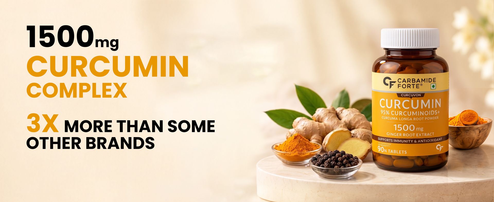 Carbamide Forte Curcumin Tablets with Piperine and 95% Curcuminoids | Anti inflammatory Supplement for Adults | With Curcuma Longa, Turmeric & Ginger Root extract | 90 Veg Tablets