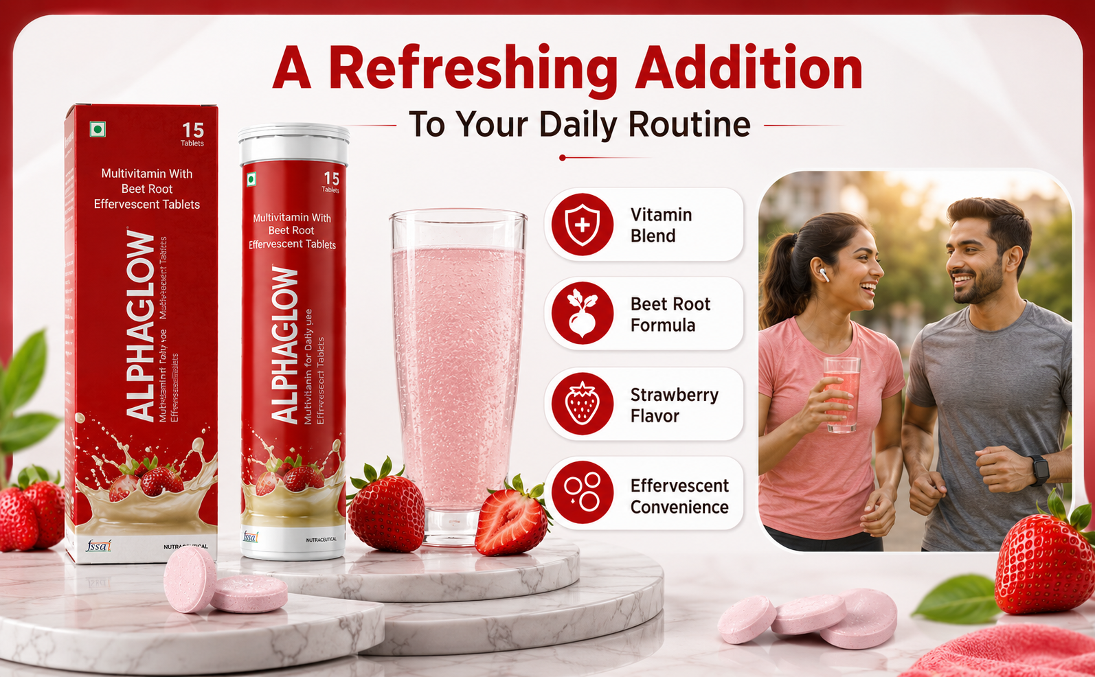 ALPHAGLOW Multivitamin with Beet Root Effervescent Tablets | Strawberry Flavor | Daily Wellness Support | Vitamin Blend with Beet Root | 15 Tablets