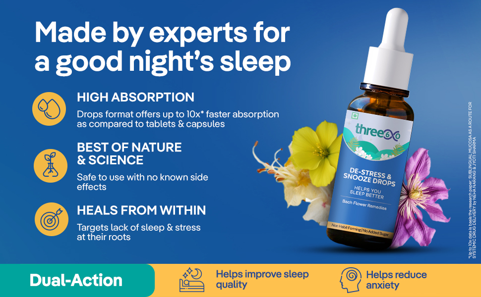 three60 De-Stress & Snooze Oral Drops | Melatonin-Free Sleep Supplement | Bach Flower Remedy for Stress & Anxiety Relief | Non-Habit Forming | Upto 10x Faster Absorption | No Added Sugar | Natural Ingredients | Pure Vegeterian (10ml, 30-Days Pack)