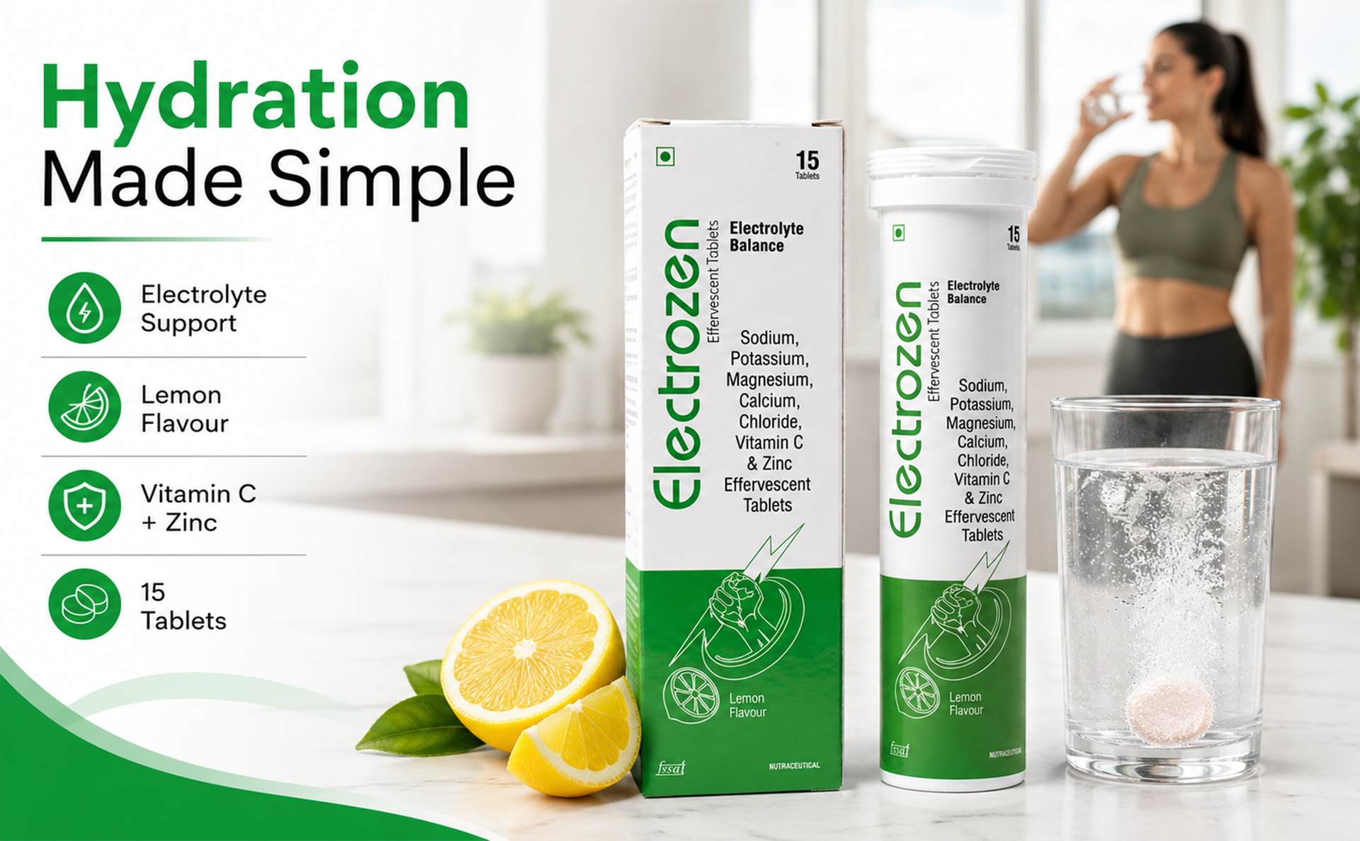 Electrozen Electrolyte Effervescent Tablets | Sodium, Potassium, Magnesium, Calcium, Vitamin C & Zinc | Lemon Flavor Hydration Drink | 15 Tablets