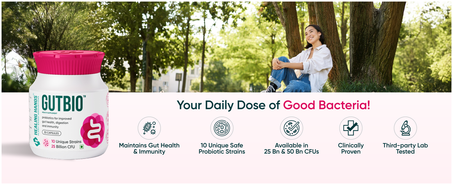 Healing Hands GutBio Probiotics| 25 Billion CFU 10 Unique Strains| Supports Gut Health, Digestion & Immunity| Clinically Proven Probiotic Supplement for Men & Women