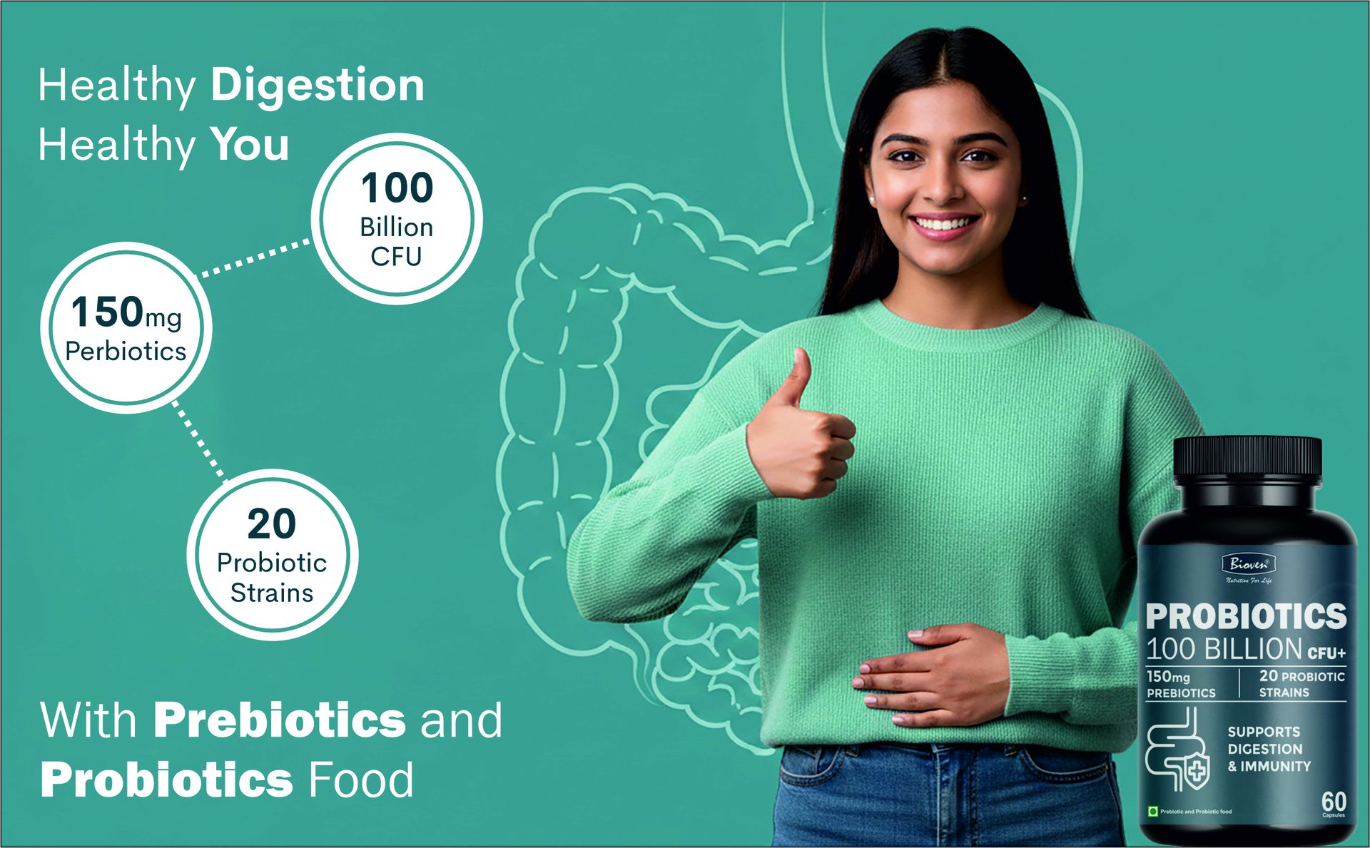 Probiotics 100 Billion+ CFU 60 Veg Capsules | High Potency Multi Strain Probiotic for Gut Health, Digestive Balance & Immunity Support