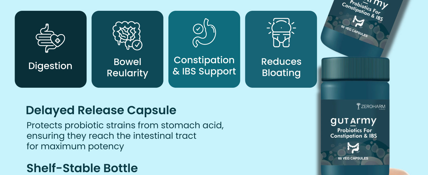 ZEROHARM Gut Army Probiotics Constipation & IBS - With Prebiotics, Psyllium Husk & Pipperment Extract - Improves Digestion & Gut, Colon Cleanse, Bloating Relief - for Men & Women - 120 Veg Capsules