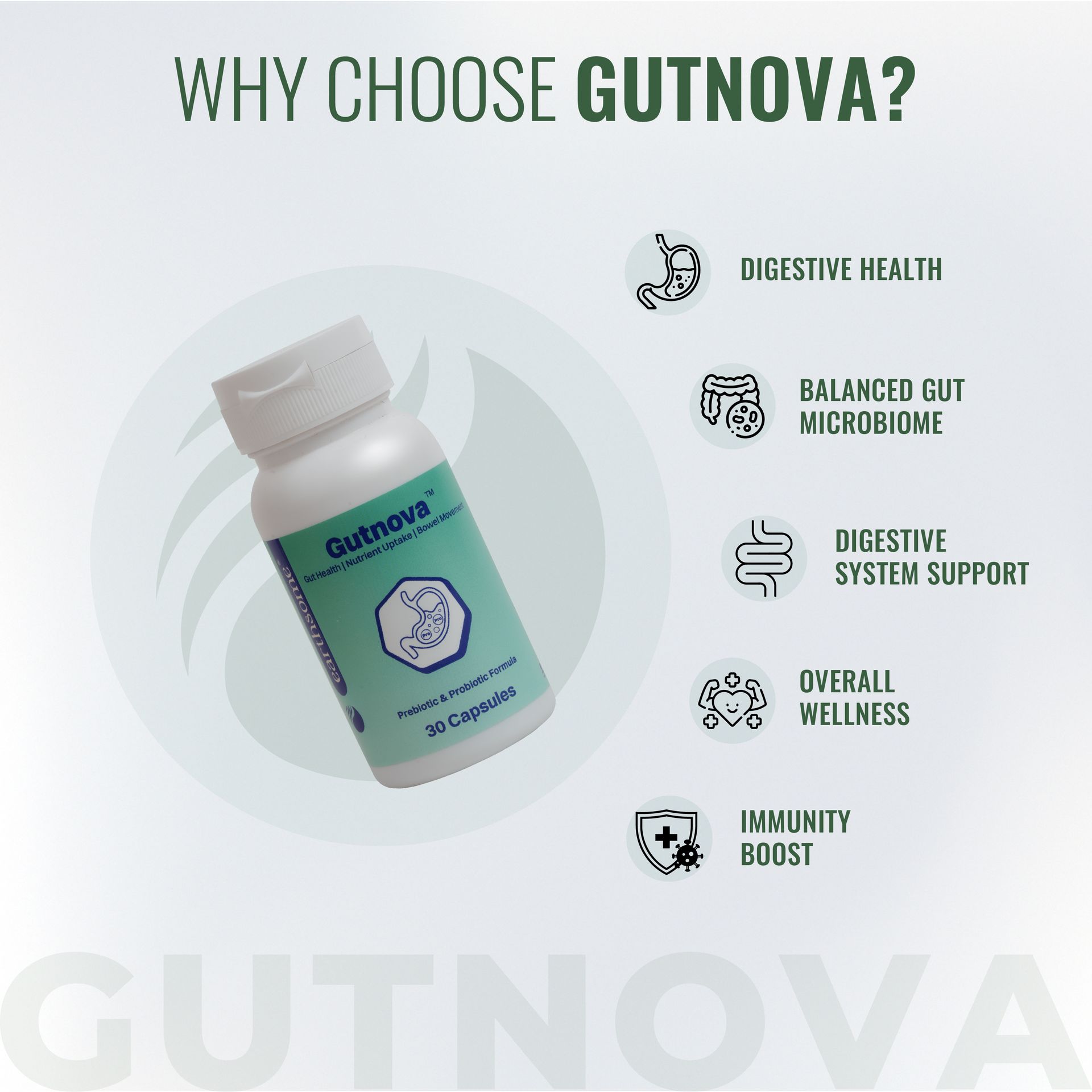 Gutnova Prebiotic + Probiotic Supplement | Supports Digestive Balance & Gut Wellness | Vegetarian Capsules for Daily Digestive Health | 30 Capsules
