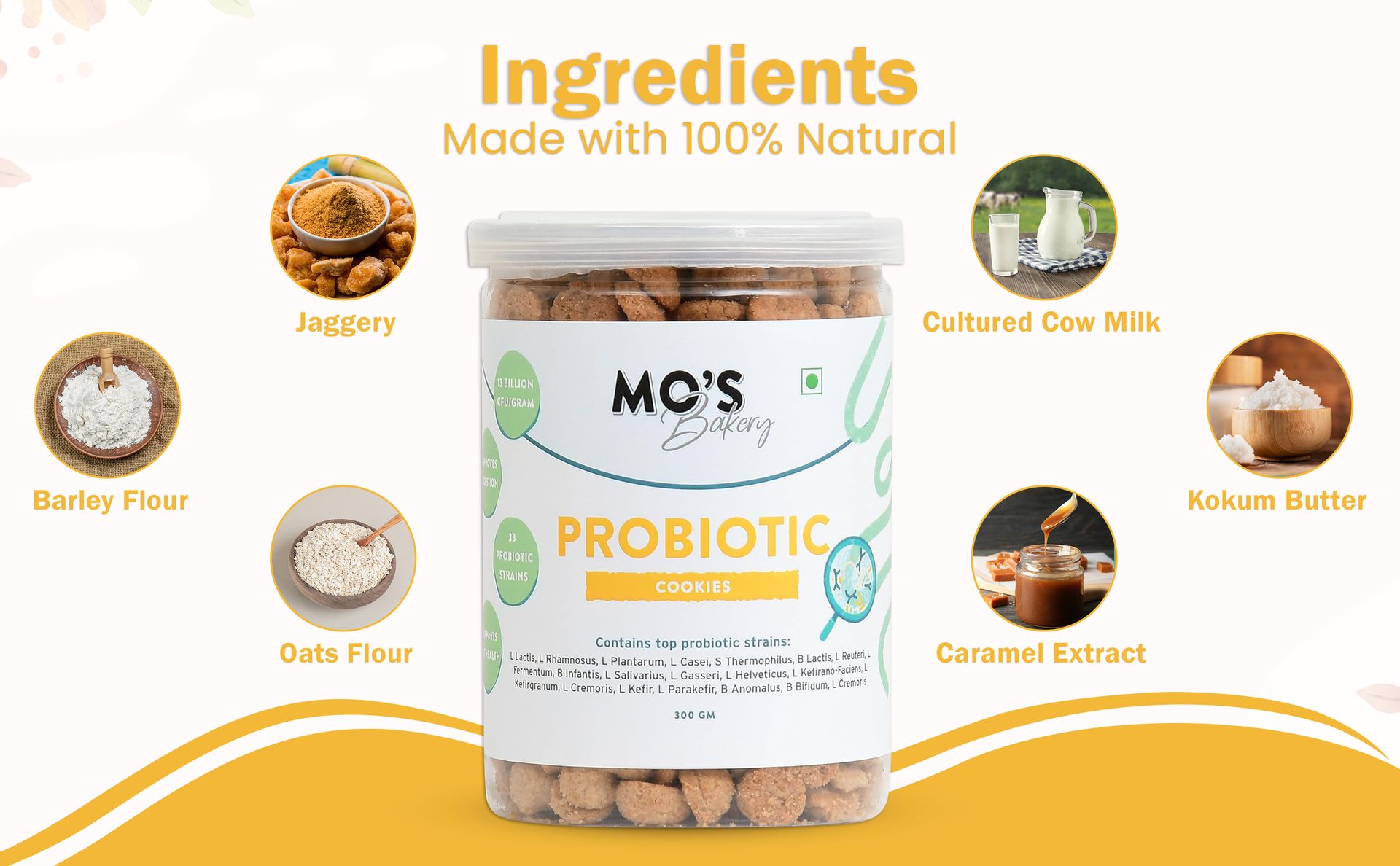 Mo's Probiotic Cookies,300 G | Unflavoured Digestive Cookies | Probiotic Supplement With 13 Billion CFU | 33 Probiotic Strains | Improve Digestion & Gut Health | Acidity Relief