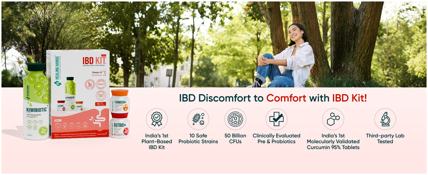 Healing Hands IBD Kit| GutBio Plus Probiotic + KiwiBiotic Prebiotic + Turmocin Plus Curcumin 95% Tablets| Relief in Abdominal Pain, Cramping, Bleeding, Bloating, Diarrhea| Gut Health| IBD Support|15 Day