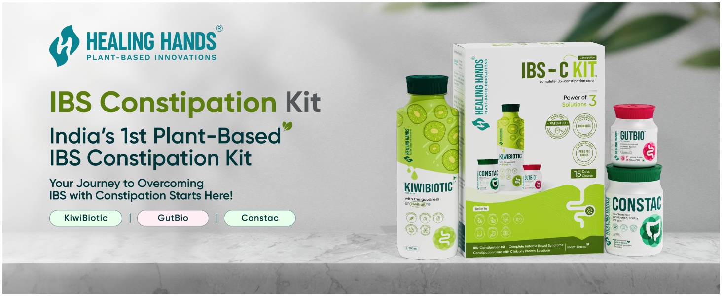 Healing Hands IBS-Constipation Kit| GutBio Probiotic + KiwiBiotic Prebiotic + Constac Laxative Patented| Relief in Constipation Straining Cramping Gas Bloating Indigestion Stress| Gut Health Bowel Regulation|15-Day