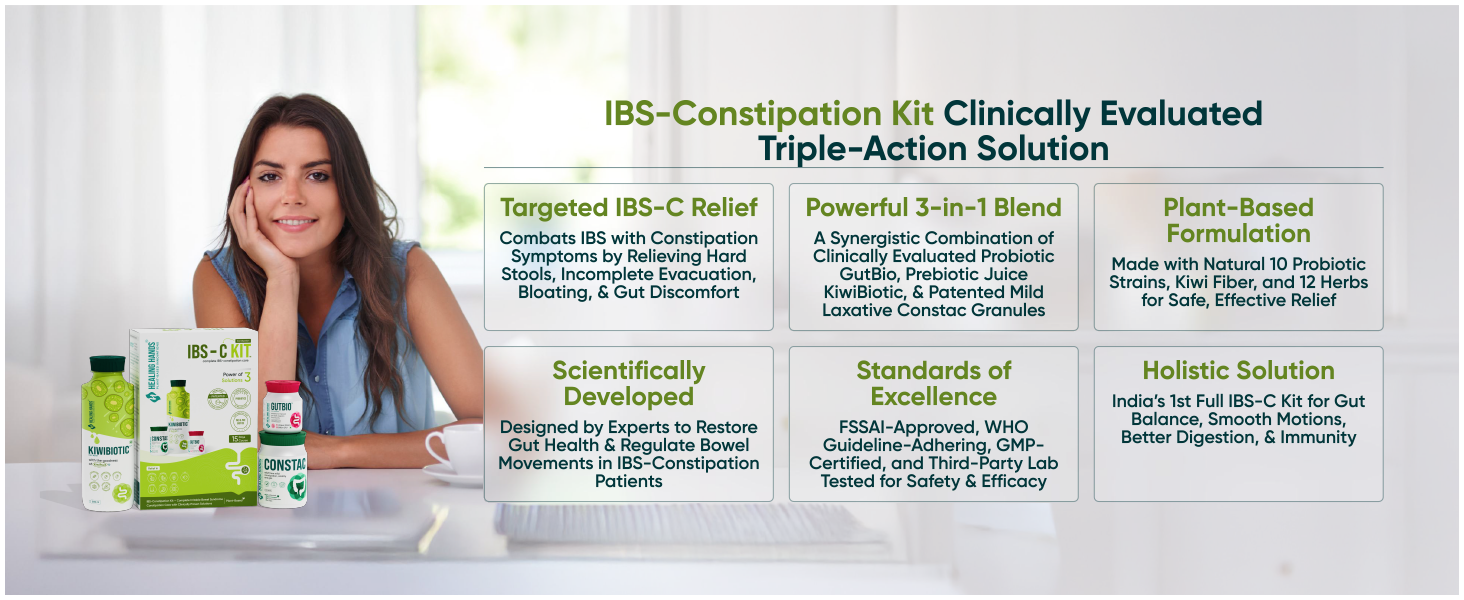 Healing Hands IBS-Constipation Kit| GutBio Probiotic + KiwiBiotic Prebiotic + Constac Laxative Patented| Relief in Constipation Straining Cramping Gas Bloating Indigestion Stress| Gut Health Bowel Regulation|15-Day