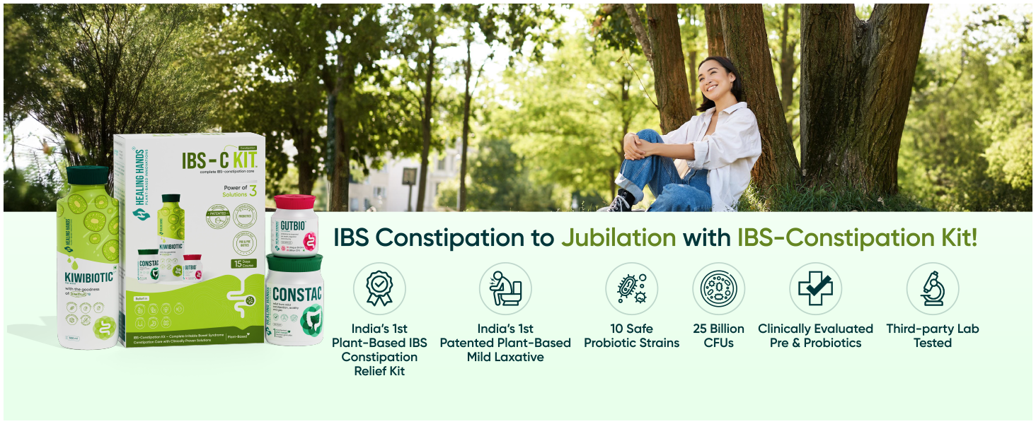 Healing Hands IBS-Constipation Kit| GutBio Probiotic + KiwiBiotic Prebiotic + Constac Laxative Patented| Relief in Constipation Straining Cramping Gas Bloating Indigestion Stress| Gut Health Bowel Regulation|15-Day