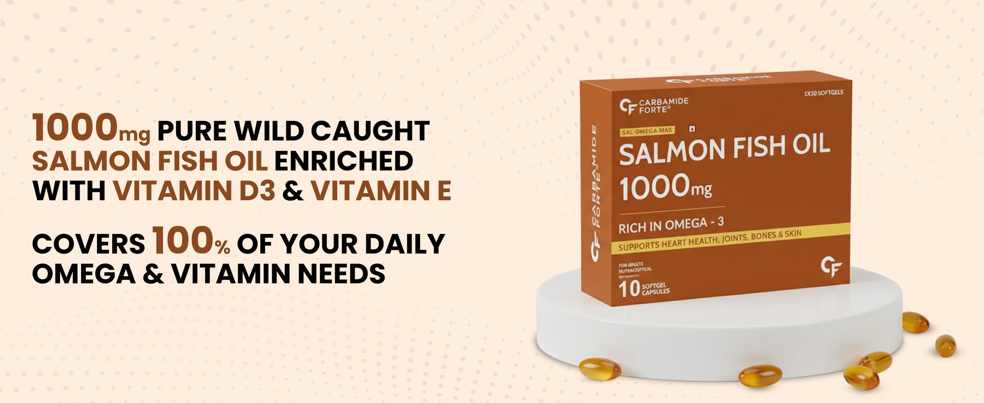 Carbamide Forte Salmon Omega 3 Fish Oil Capsules | Salmon Fish Oil Omega 3 Capsule 1000mg For Men & Women | Omega3 Fishoil Supplement For For Heart, Joints, Bones & Skin - 10 Softgels