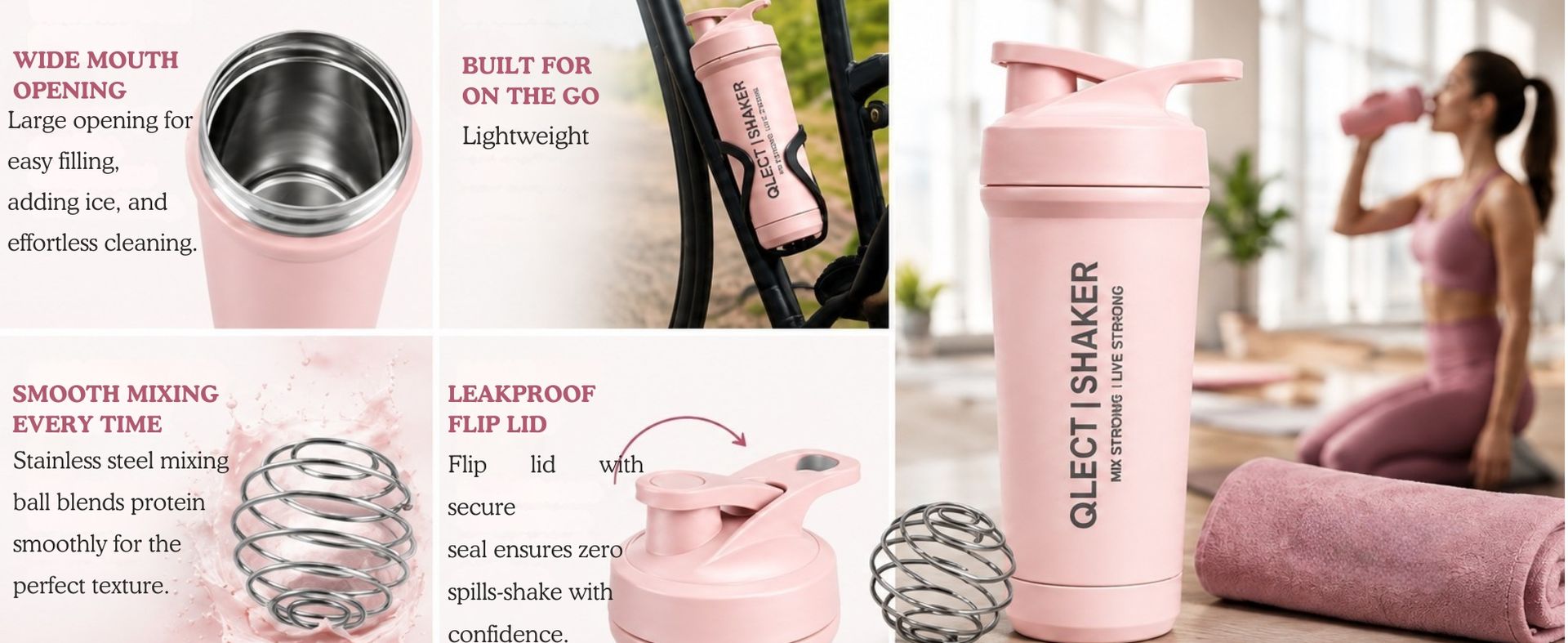 QLECT Stainless Steel Grade 304 Protein Shaker Bottle for Gym | Mixer Agitator | Leak Proof | 2 way Opening & Clenaing | 2 Openings Wide Mouth & Flip Lid | Food Grade Bpa Free | Odor Resistant (700ml)