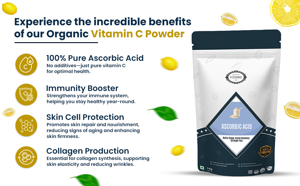 100% Pure Organic Vitamin C Powder (L-Ascorbic Acid), 1Kg, For Immunity booster, Skin cell Protection, Skin Care Serum Making, collagen Booster (Food Grade, Vegan, Non GMO)