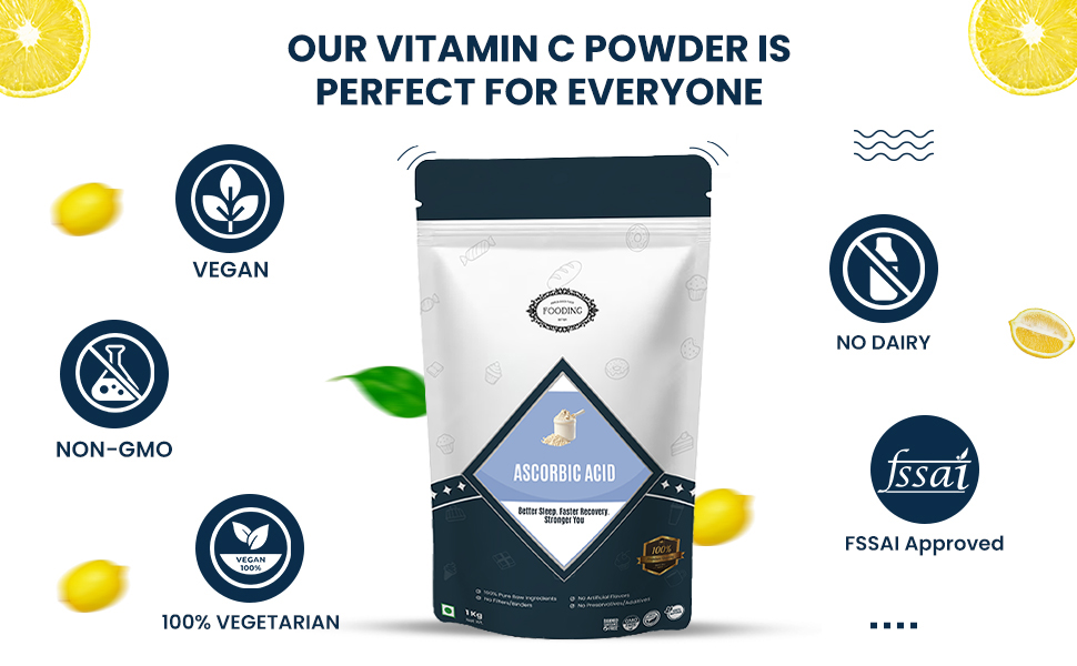 100% Pure Organic Vitamin C Powder (L-Ascorbic Acid), 1Kg, For Immunity booster, Skin cell Protection, Skin Care Serum Making, collagen Booster (Food Grade, Vegan, Non GMO)