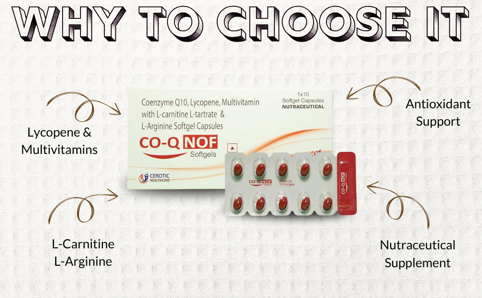 CO-Q NOF Coenzyme Q10 100mg with Selenium 40mcg Softgel Capsules with L-Carnitine, L-Arginine, Lycopene & Multivitamins | Antioxidant for Energy, Fertility, Heart & Cellular Health | 60 Softgels