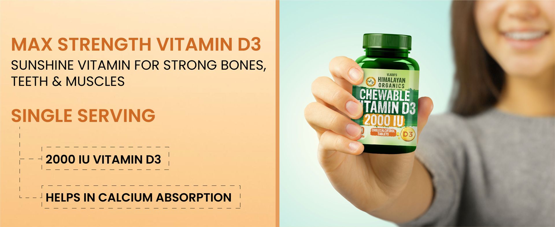 Vlado's Himalayan Organics Vitamin D3 2000IU - Chewable Vitamin D Tablets | Cholecalciferol Vitamin D3 for Bone & Immunity | Vitamin D3 Supplement for Women & Men | Orange Flavour - 60 Tablets