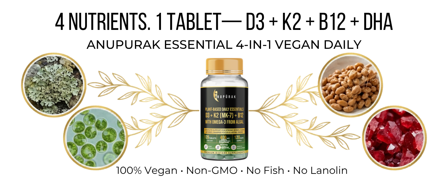 Vegan D3 K2 B12 & Omega 3 DHA Tablets | 4-in-1 Daily Essential Supplement | Bone, Brain, Heart & Energy Support | D3 (Lichen) + K2 MK-7 (Natto) + B12 + 250mg Algal DHA | 120 Veg Tablets (120 Days)