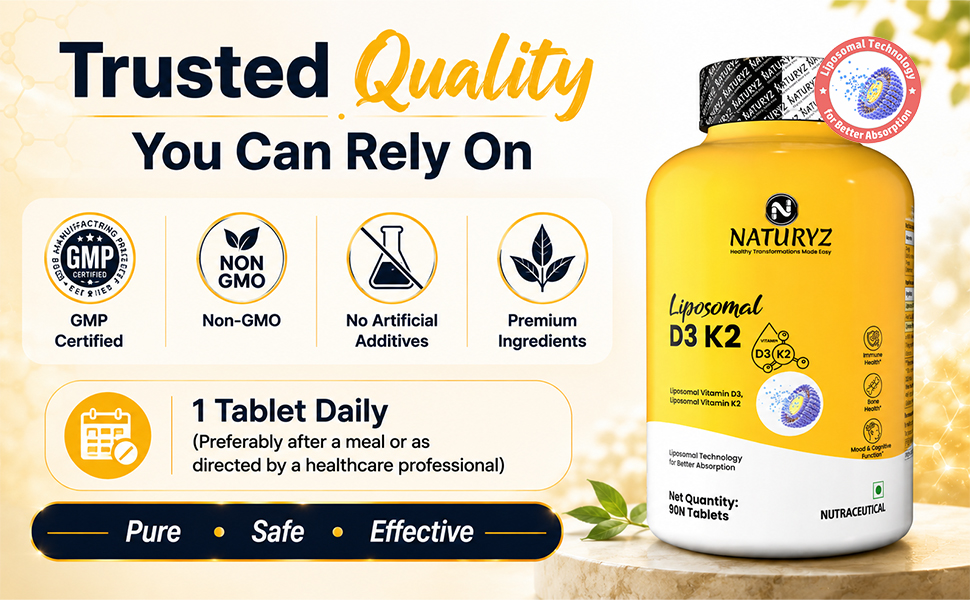 NATURYZ Liposomal Vitamin D3 K2 Supports Stronger Bones, Muscles, Immunity & Calcium Absorption | Advanced Liposomal Technology for Enhanced Nutrient Delivery | Plant based Lichen Vitamin D3 | Daily Wellness Supplement for Men & Women | 90 Veg Tablets