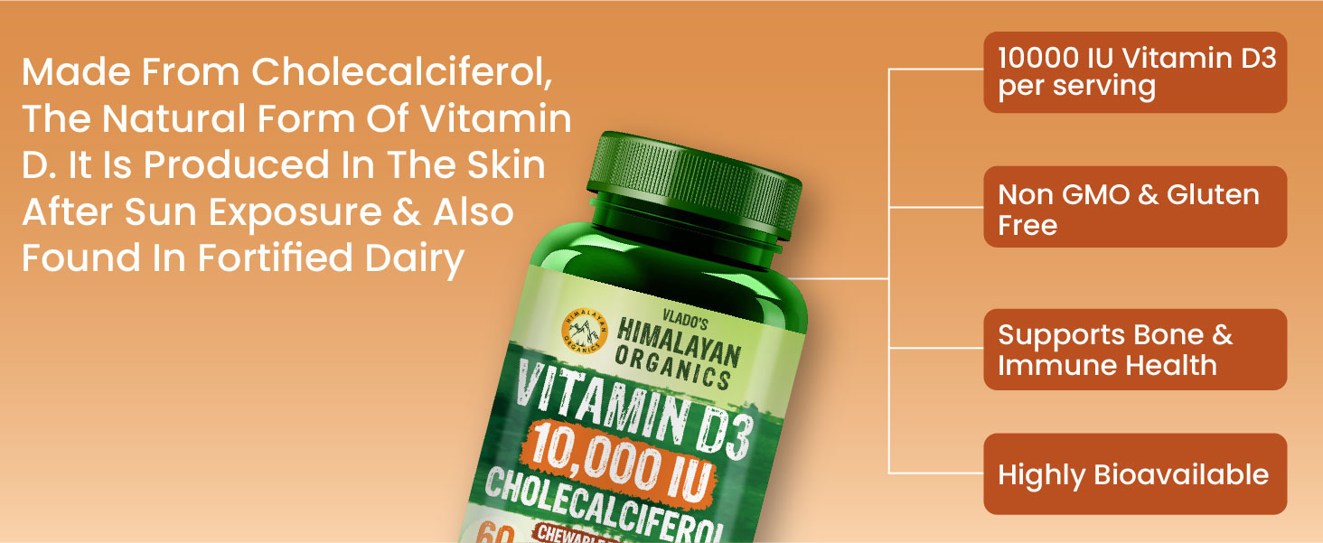 Vlado's Himalayan Organics Vitamin D3 10000IU - Chewable Vitamin D Tablets | Cholecalciferol Vitamin D3 Supplement for Bone & Immunity | Vitamin D3 Supplement for Women & Men | Orange Flavour - 60 Tablets