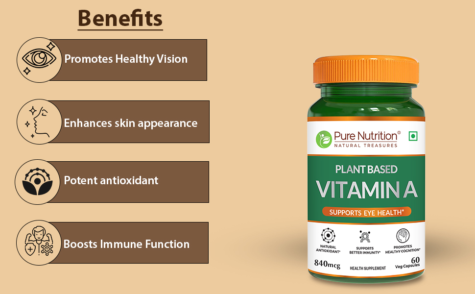 Pure Nutrition Plant-Based Vitamin A from Beta Carotene | 60 Veg Capsules for Men & Women | Supports Healthy Eyesight, Night Vision & Eye Protection | Fights Age-Related Eye Decline