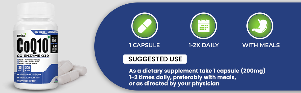 NutriJa CoQ10 (Co-Enzyme Q10) 200mg - 60 Veg Capsules | With Bioperine for Enhanced Absorption | Heart & Brain Health Support | Pure Co-Enzyme Q10