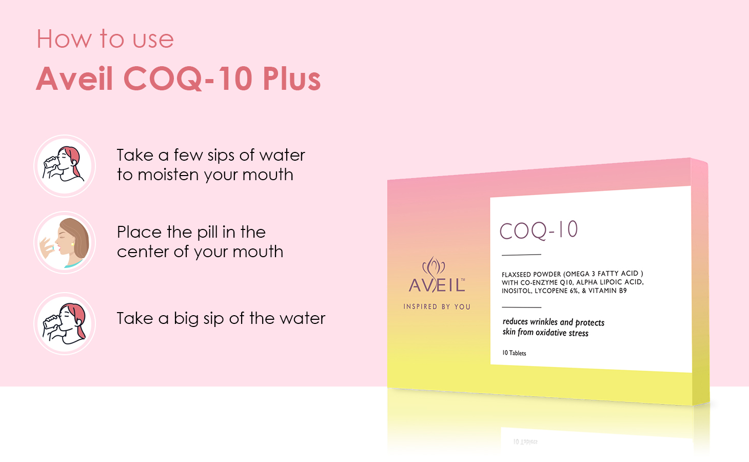 AVEIL COQ 10 Plus Tablets 300 mg | Coenzyme Q10 Capsules with Alpha Lipoic Acid, Inositol, Lycopene 6% & Vitamin B9 | 10 Tablets | Supports Heart & Immune Health | Gluten Free
